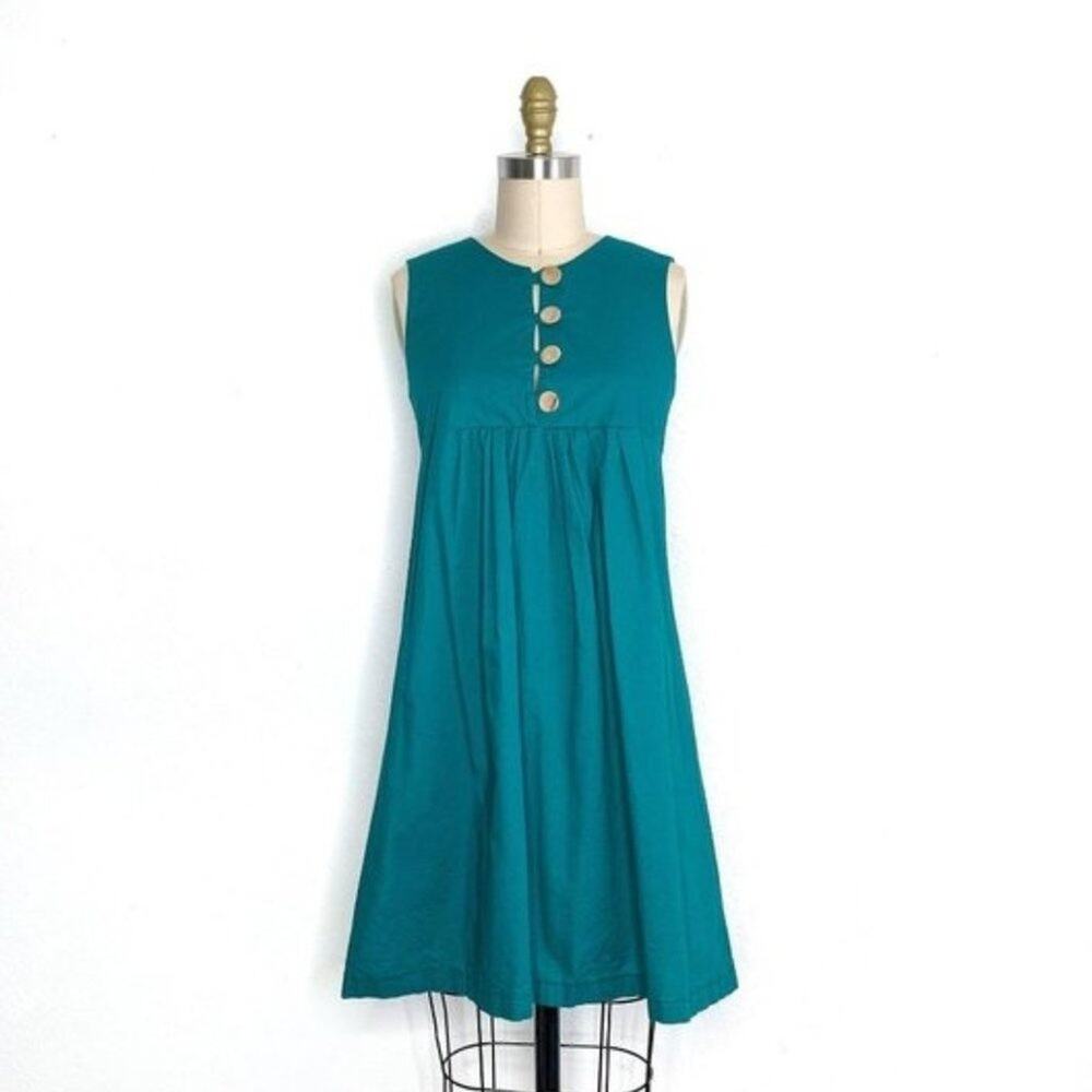 HANDMADE Sleeveless Teal Blue Green Cotton A-Line Mini Dress w/ Wood Buttons XS